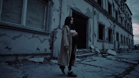 pregnant woman walking in a ruined building