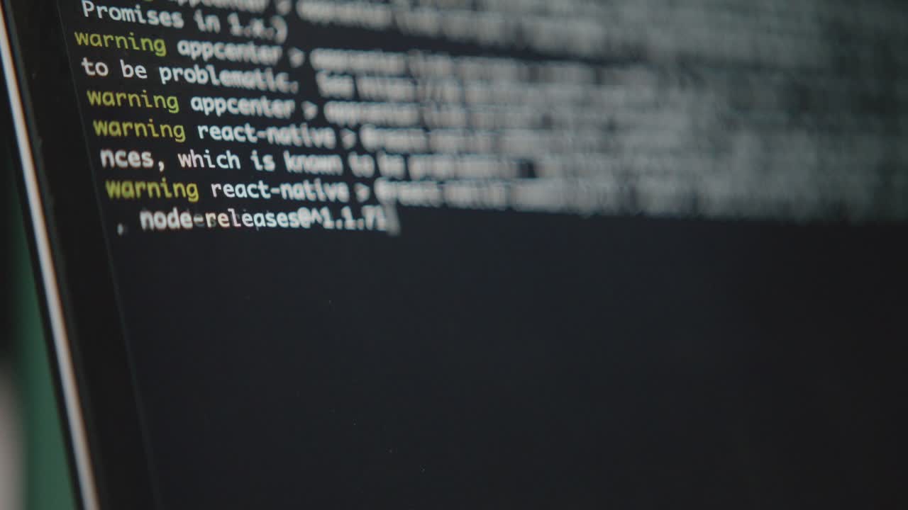 A close-up shot of a computer's command line interface. A blinking cursor and running text show a system process or script executing. Concept of hacking or software development