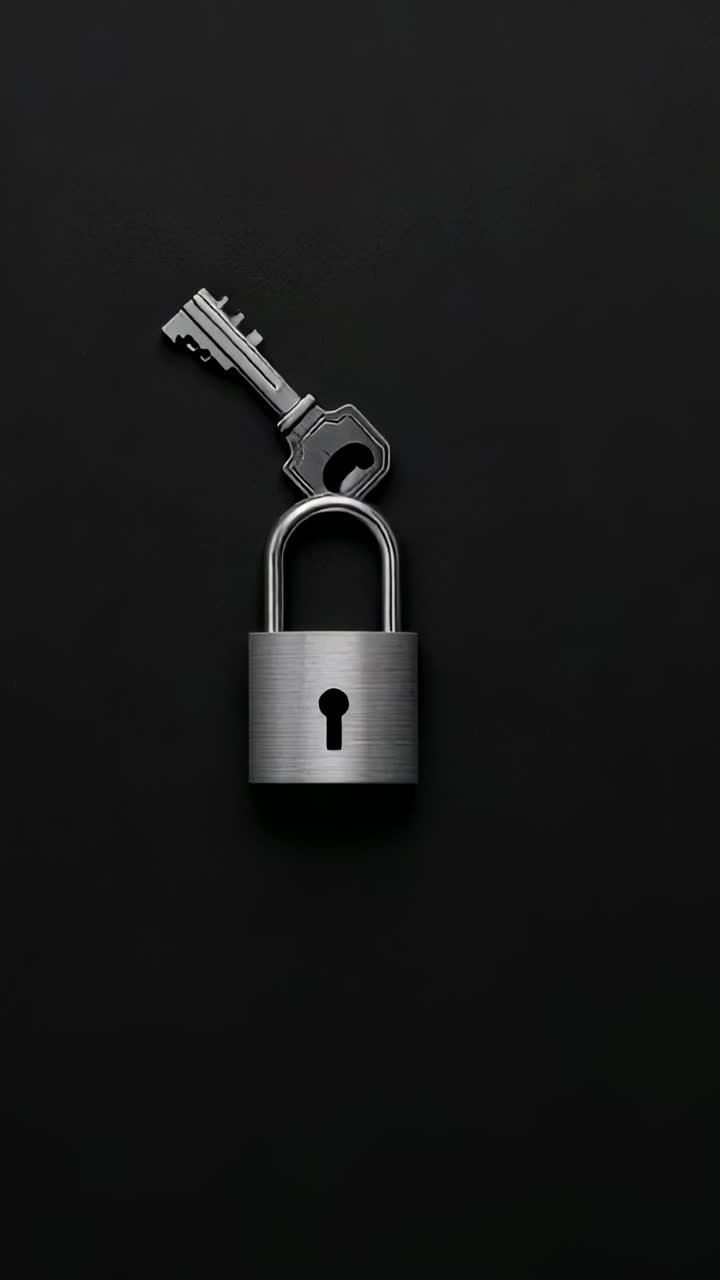 Vertical video: Zooming camera toward silver padlock and key on black backdrop, showing keyhole