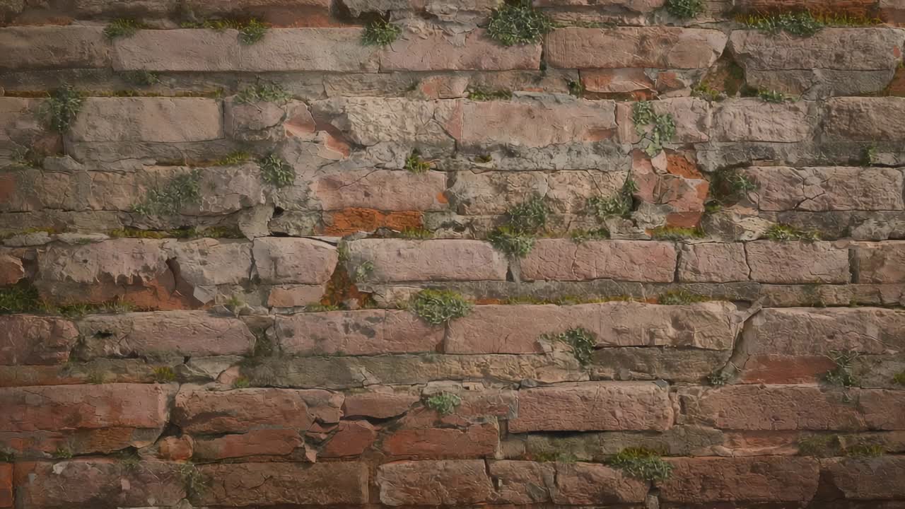 Spostamento della camera, muro di mattoni invecchiato che rivela muschio, crepe, scrostature sulla parete esterna per l'ispezione