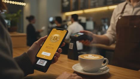 a modern coffee shop experience: paying with cryptocurrency through a mobile app while enjoying a freshly brewed cup of coffee with latte art