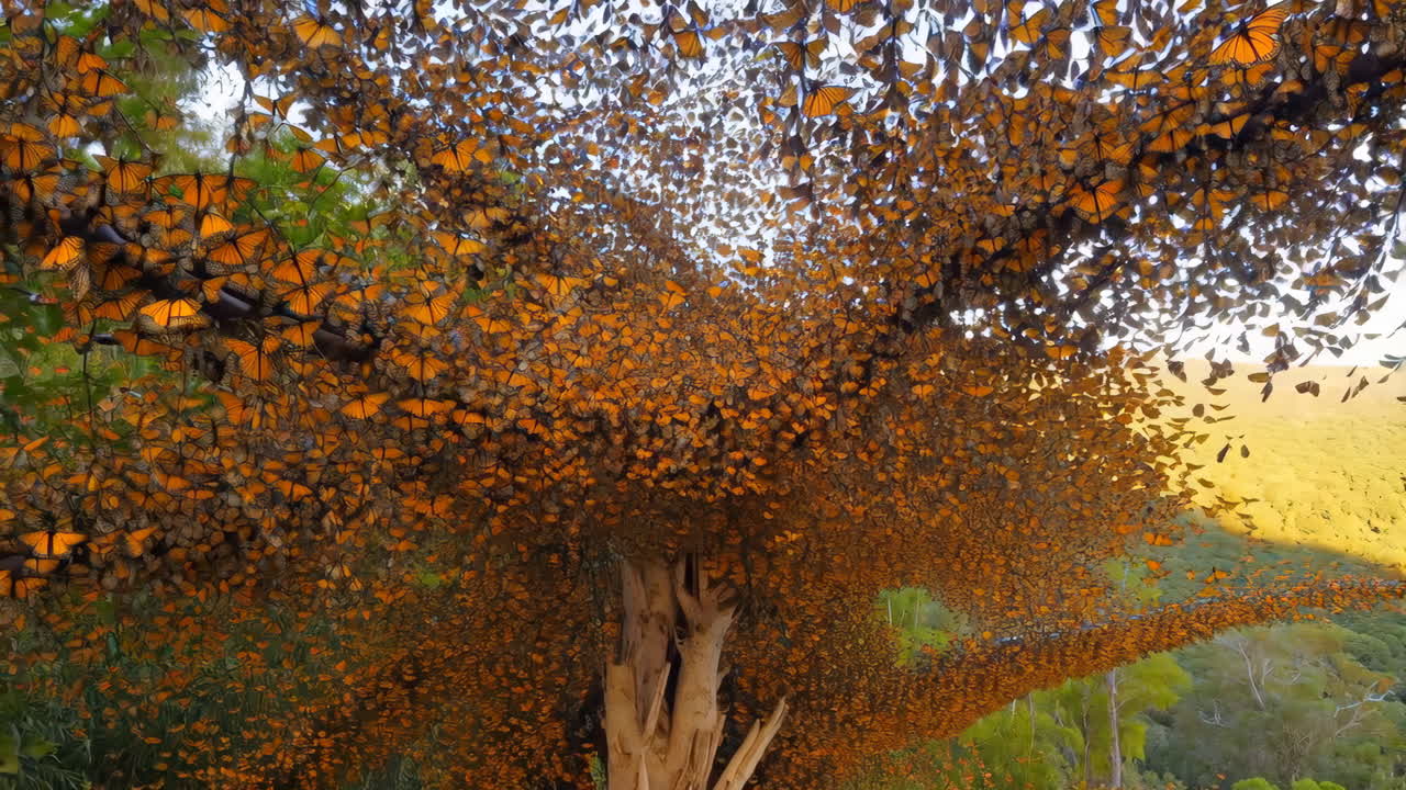 A tree completely covered with a massive swarm of monarch butterflies