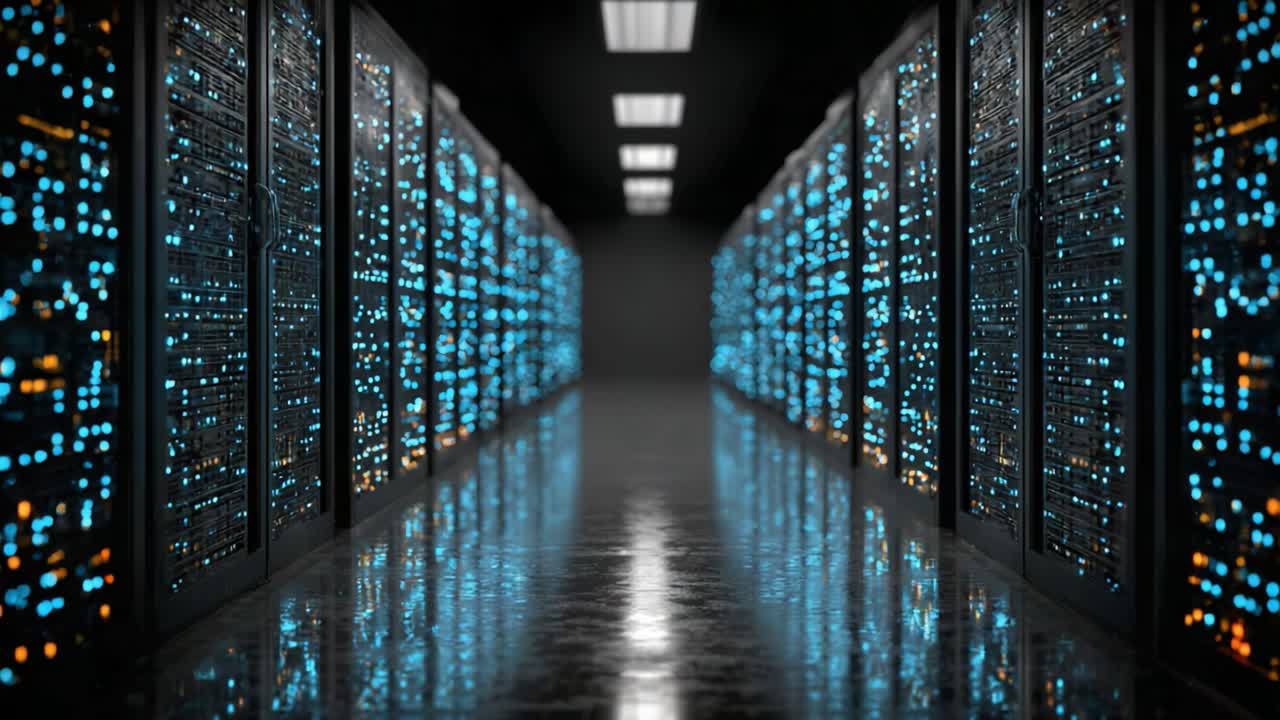 A Stunning Glimpse into a Modern Data Center Corridor, Highlighting Towering Server Racks Illuminated by Vibrant LED Lights That Reflect off Gleaming Floors