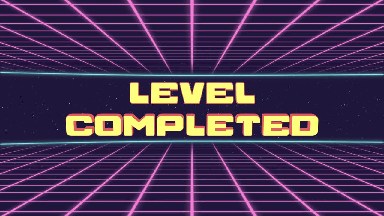 완성된 레벨 타이틀: 애니메이션 레트로 퓨처리스틱 80년대 90년대 스타일, 애니메이션 스어, 레트로 배경