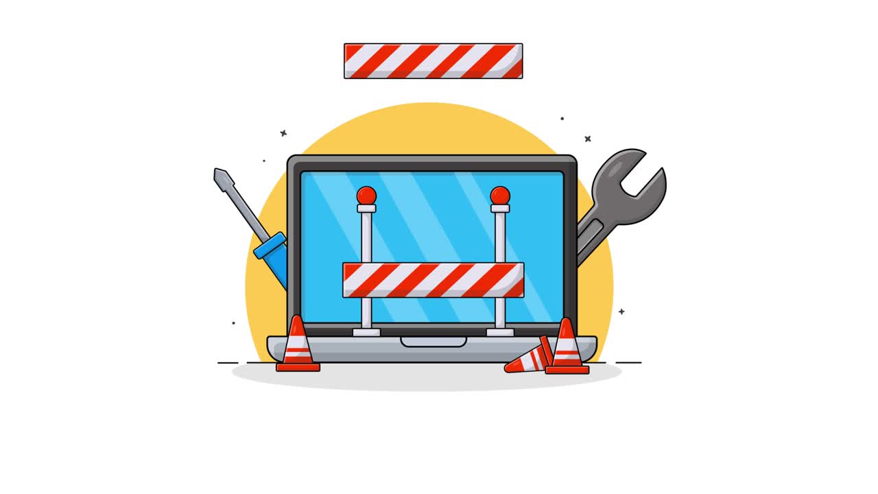 Animated Laptop Under Maintenance with Tools and Barrier