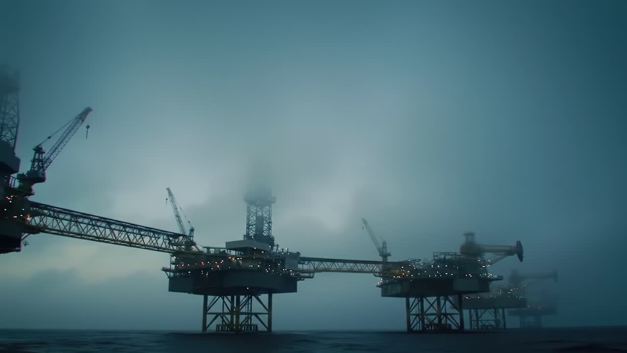 Mysterious Offshore Oil Platforms Resting in Foggy Waters: Captivating Engineering Structures in the Depths of the Ocean at Twilight
