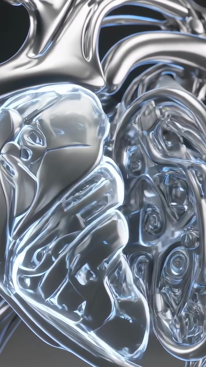 Vertical video: Camera orbiting metal-glass heart sculpture on dark backdrop, showcasing tubes