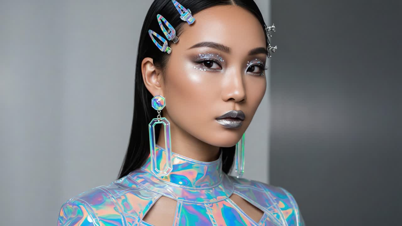 A Stunning Display of Futuristic Fashion Featuring a Model in Iridescent Attire with Stunning Makeup and Accessories, Capturing the Essence of Avant-Garde Style