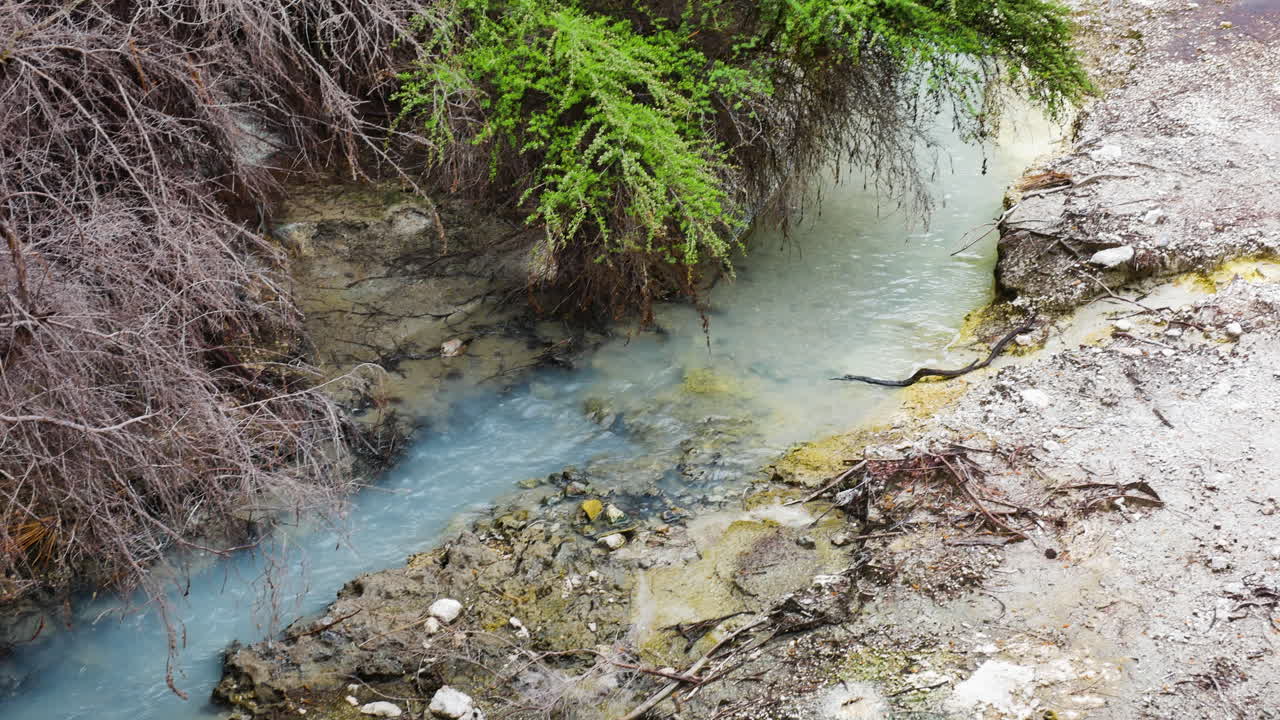 toma panorámica lenta de un pequeño arroyo que fluye a través del área volcánica de wai-o-tapu en nueva zelanda