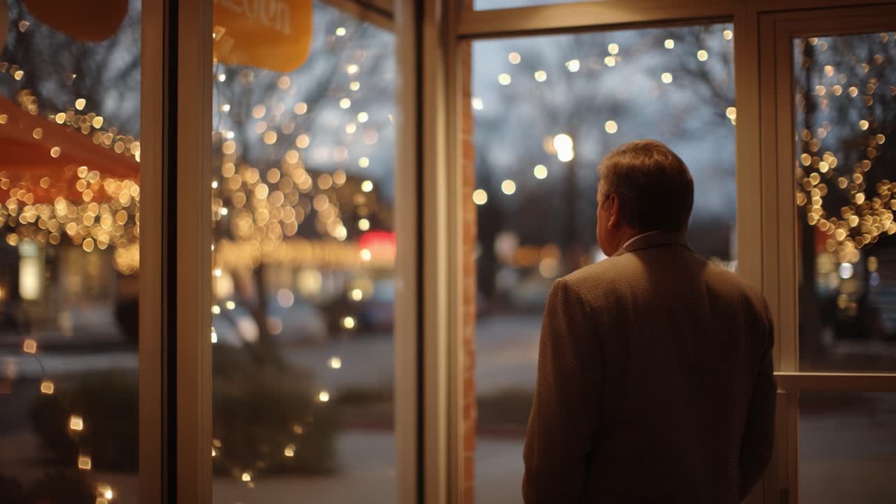 A contemplative moment captured in a softly lit atmosphere, where a man gazes out through a window adorned with sparkling lights during twilight hours