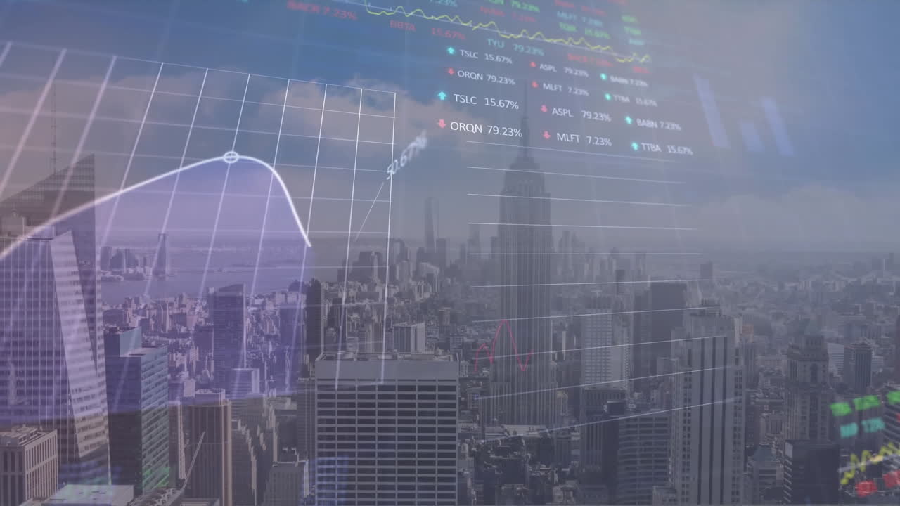 animación del procesamiento de datos estadísticos y bursátiles frente a una vista aérea del paisaje urbano