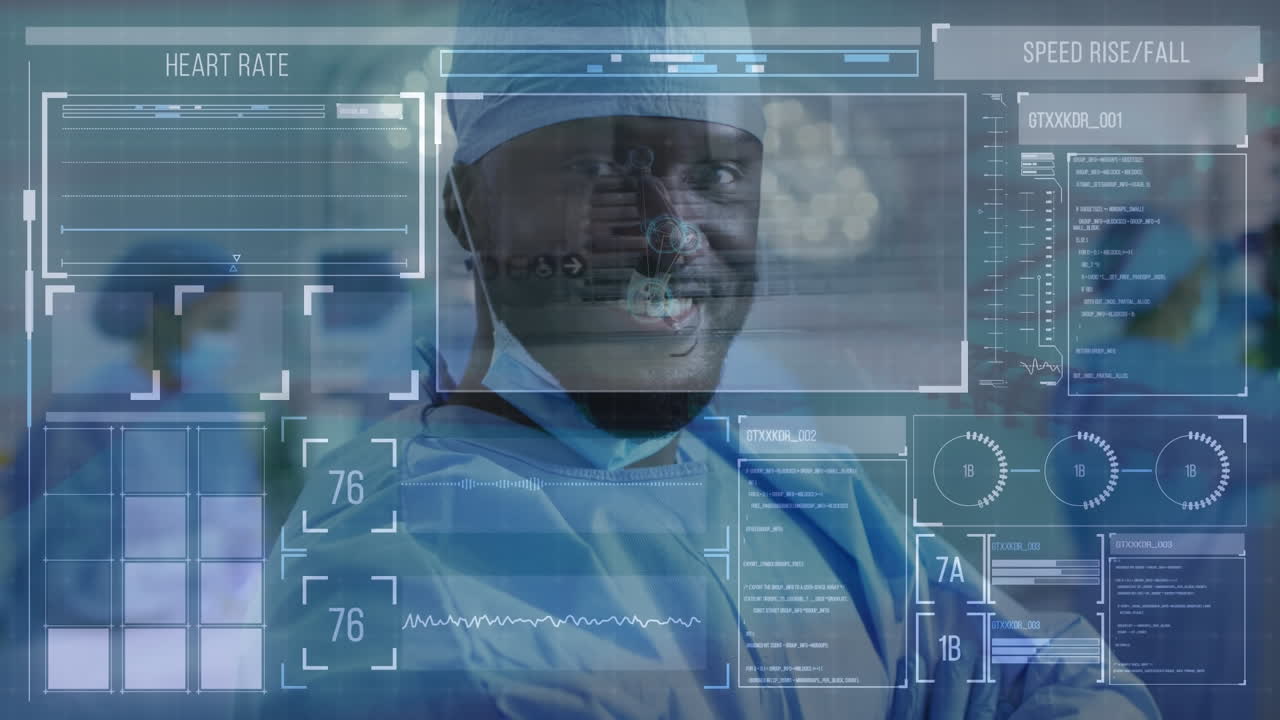 Video of digital interface and over african american male doctor