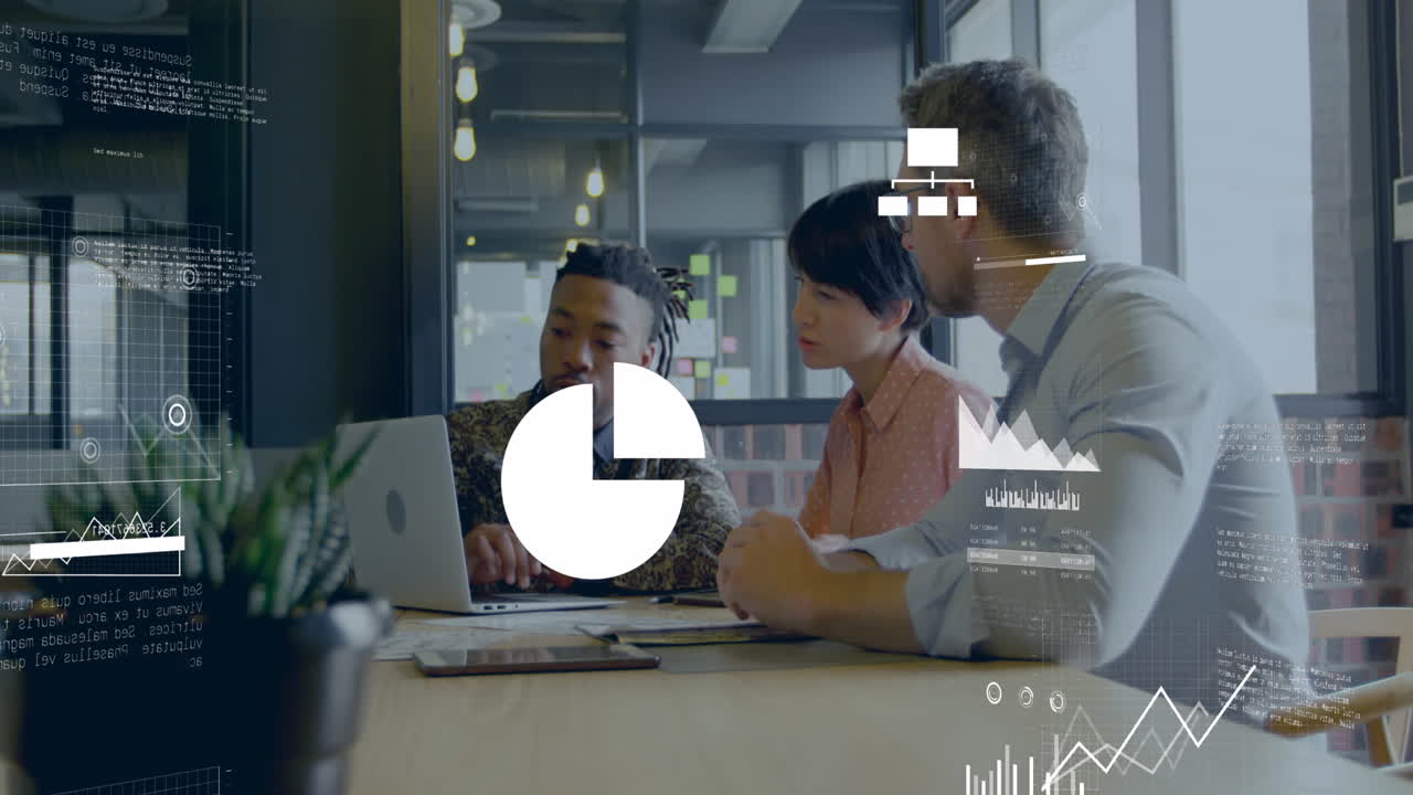 Animation of financial data processing over diverse business people working in office