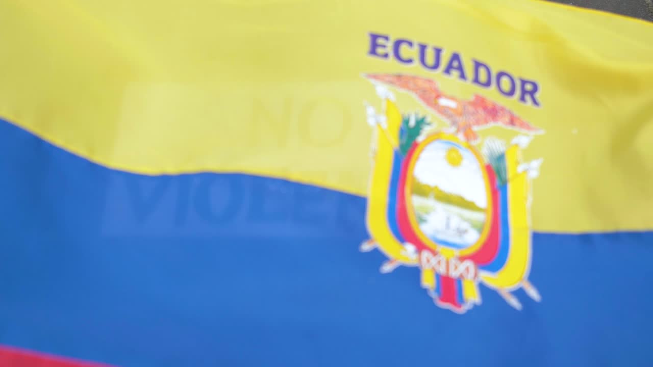 no hay violencia en américa latina, agitando la bandera de ecuador sobre un letrero en inglés
