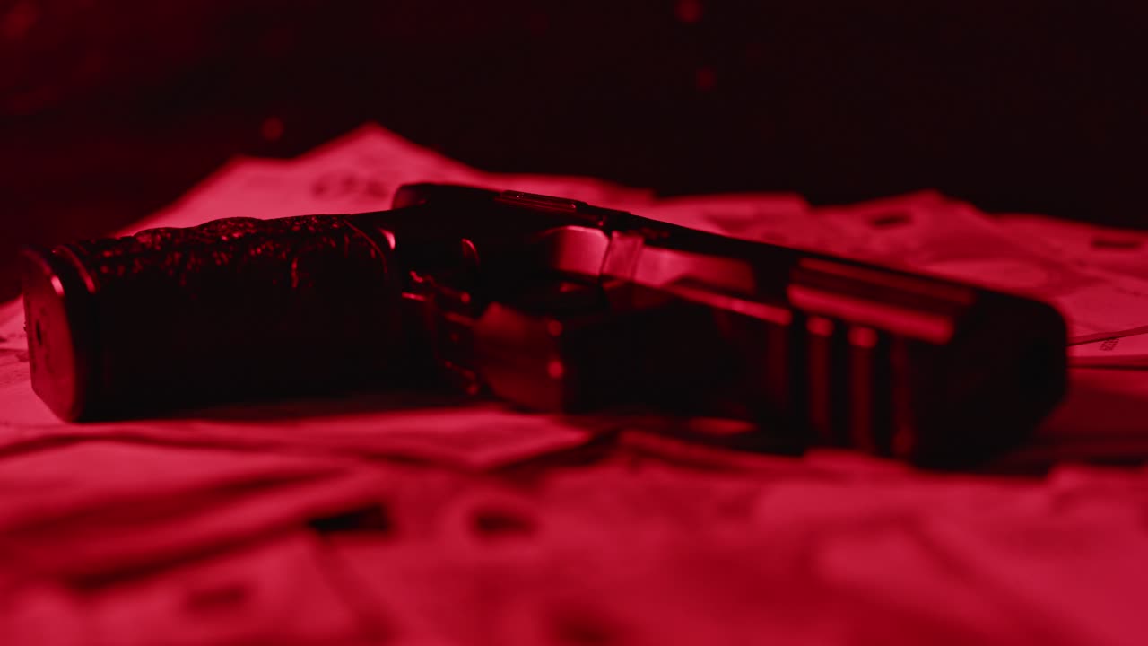 Beautiful dolly out of a handgun laying on a pile of money with flashing cop lights illuminating the scene