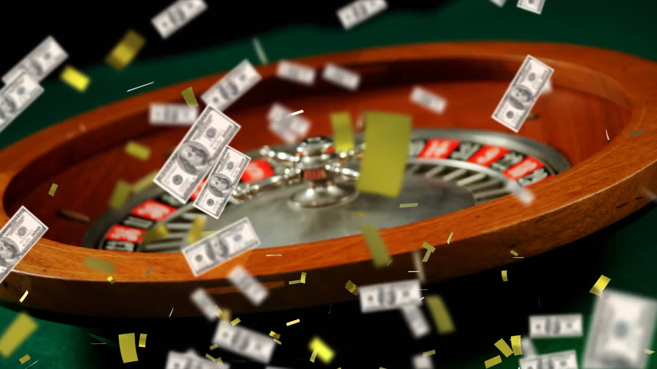 Animazione di coriandoli e banconote di dollari americani che cadono su una roulette da casinò sullo sfondo.