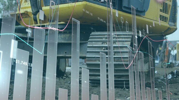 Animation of multiple graphs with numbers over midsection of scrap yard machinery in scrap yard