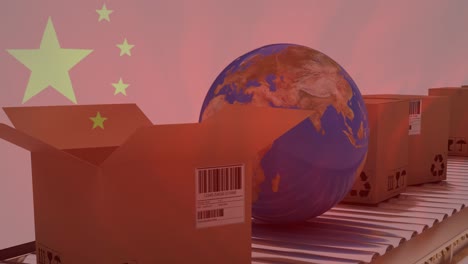 animation of chinese flag over globe and cardboard boxes on conveyor belt on white background