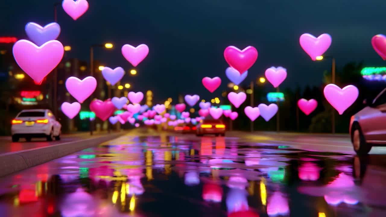 A mesmerizing night scene featuring vibrant pink and purple floating hearts illuminated against a dark urban landscape, as cars drive along a reflective wet road, creating a dreamy atmosphere of love and romance