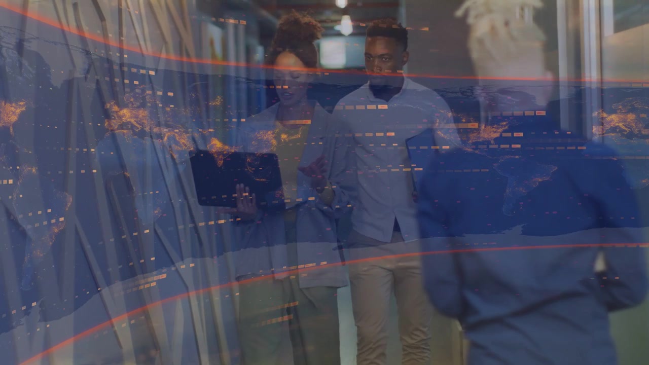 Woman lifting laptop and walking, man gesturing, city overlay showing business data across pair