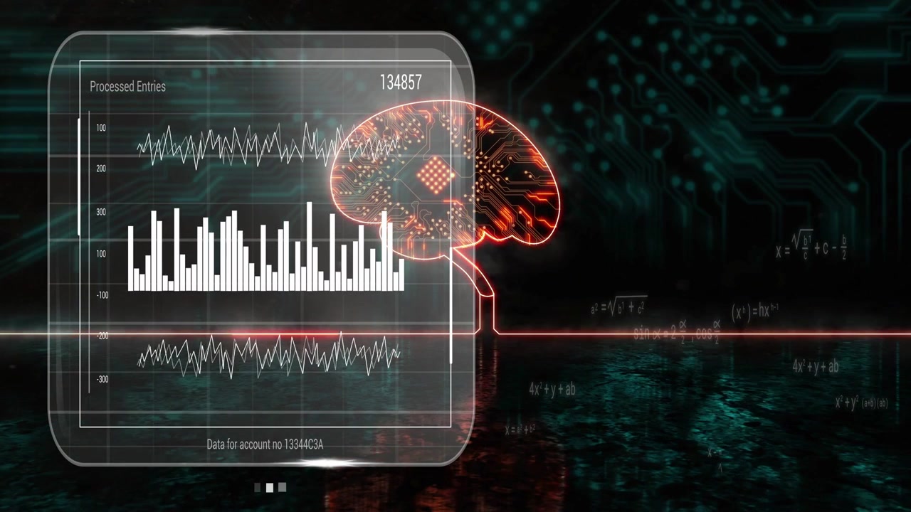 Data packets arriving, HUD and lit brain updating charts and readout 134857, showing progress