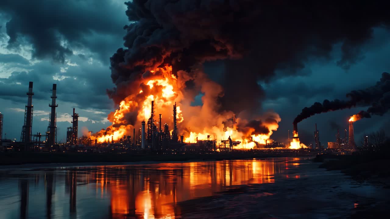 많은 연기가 나오는 큰 산업 공장