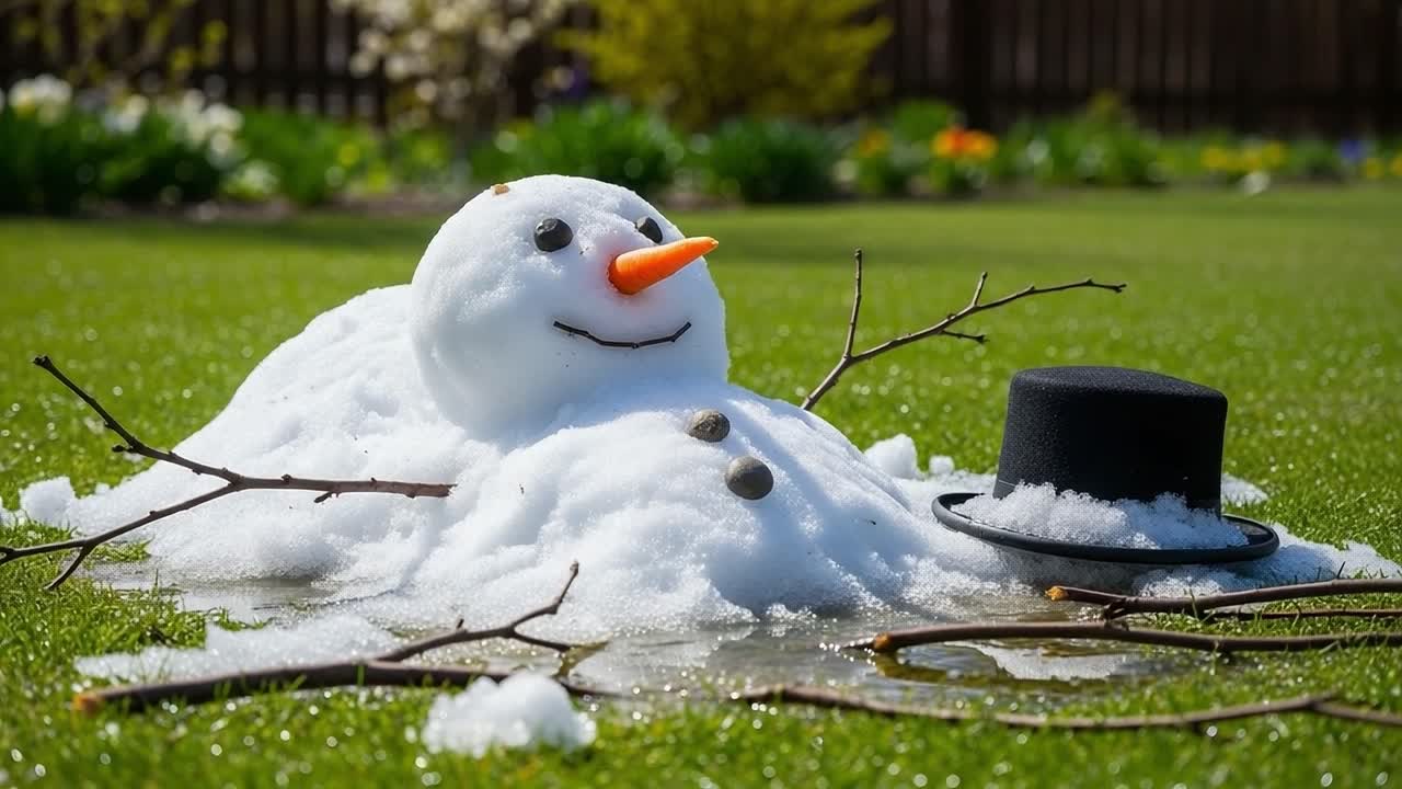 A Snowman Melting on a Sunny Day: The End of Winter's Whimsy Captured in a Tranquil Garden, Highlighting the Joy of Seasonal Change and Nature's Transitions
