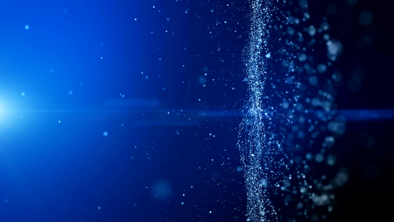 무결한 루프, 파란색 배경, 파동 입자, 반임, 베일 및 필드 깊이와 함께 공간을 가진 디지털 서명.