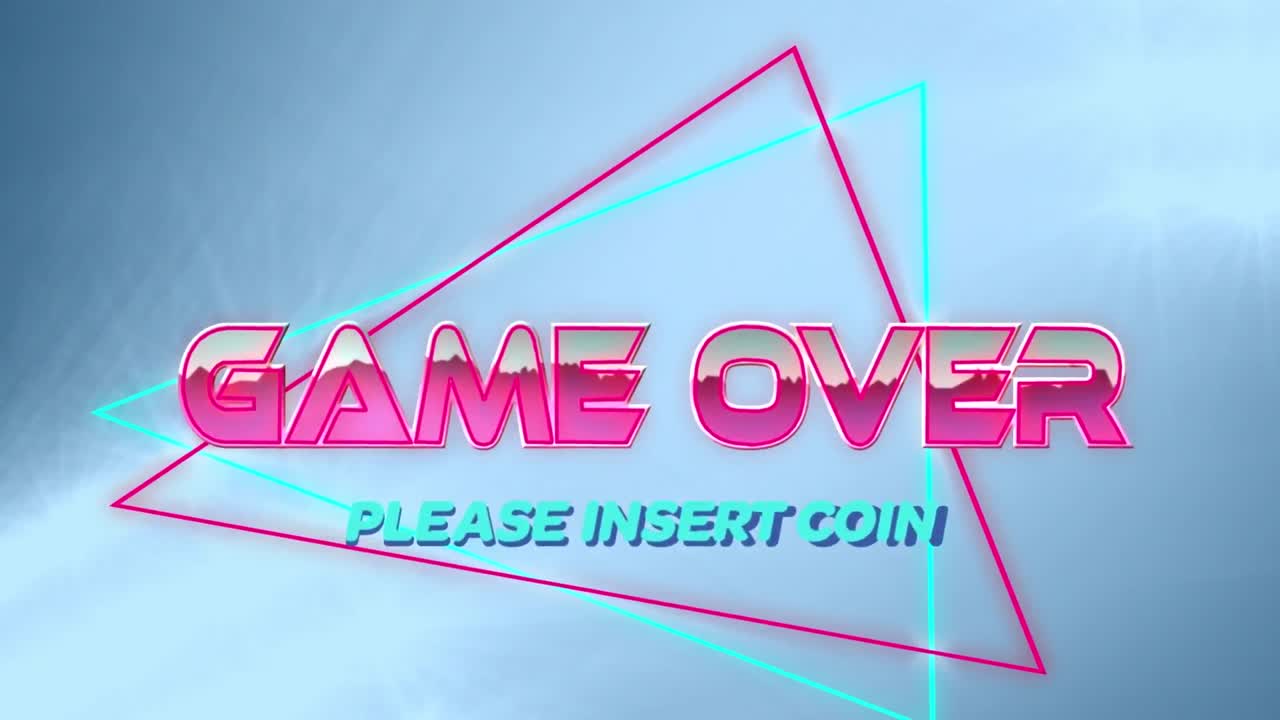 Animatie van 'game over' en 'graag munt invoeren' tekst over vormen op een blauwe achtergrond