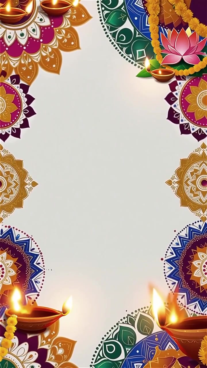 Sfondo Diwali con Diyas luminosi, Rangoli e fiori di loto