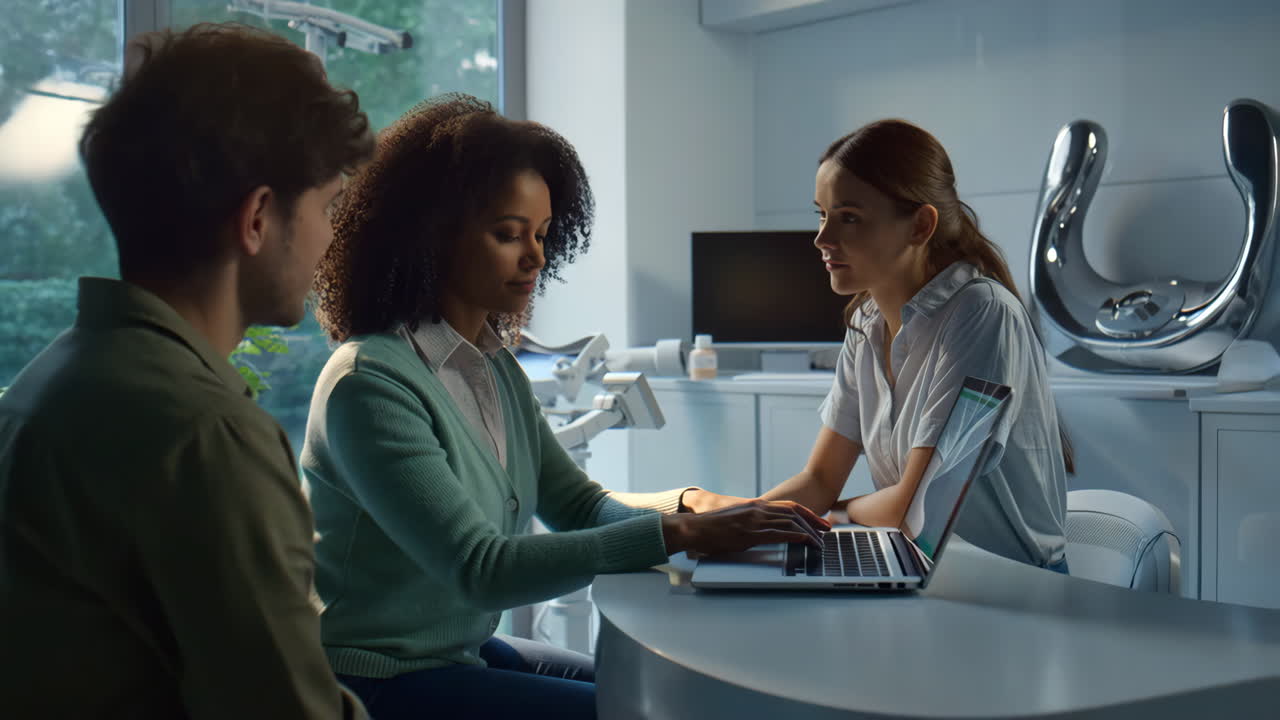 Three people interacting in a modern office setting with a laptop