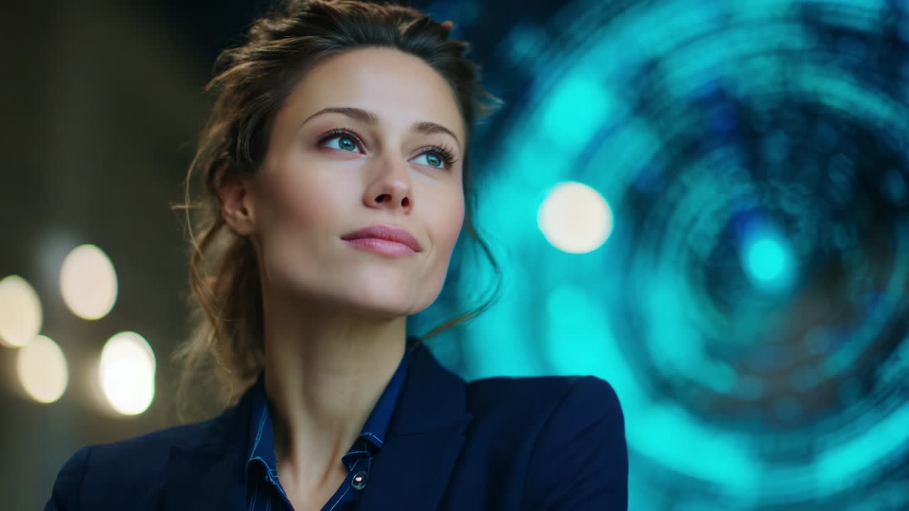 An Elegant Woman in a Formal Suit Pondering Thoughtfully Amidst a Futuristic Digital Background, Highlighting Themes of Ambition, Technology, and Professionalism in a Moment of Reflection