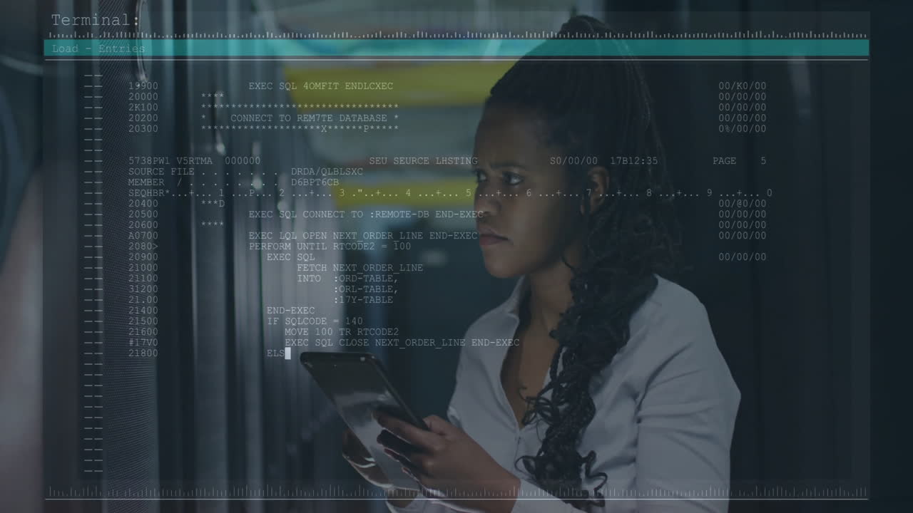 In server room, woman using tablet with digital code animation overlay