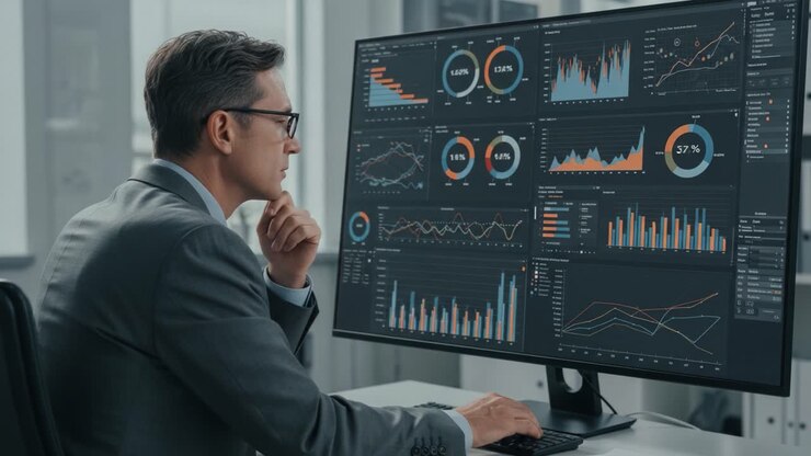 Business Professional Analyzing Data on a Computer Screen with Multiple Graphs and Metrics, Showcasing the Importance of Data Interpretation in Decision Making