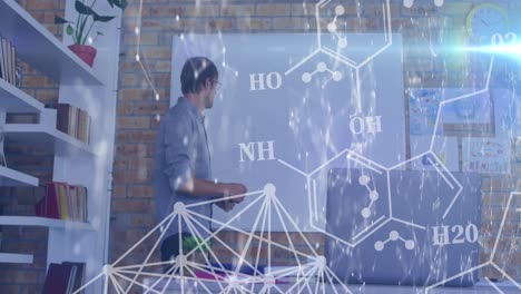 animation of chemical formula and network of connections over caucasian male teacher