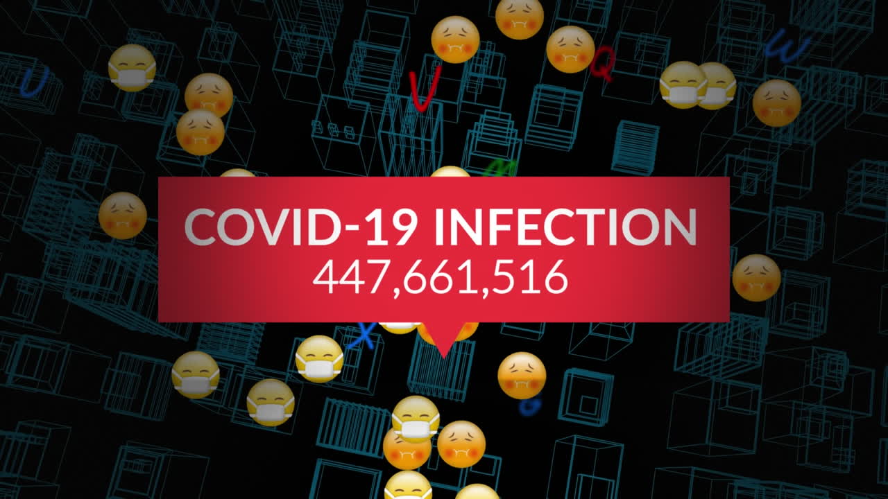 animación de letras e iconos digitales sobre el paisaje urbano digital