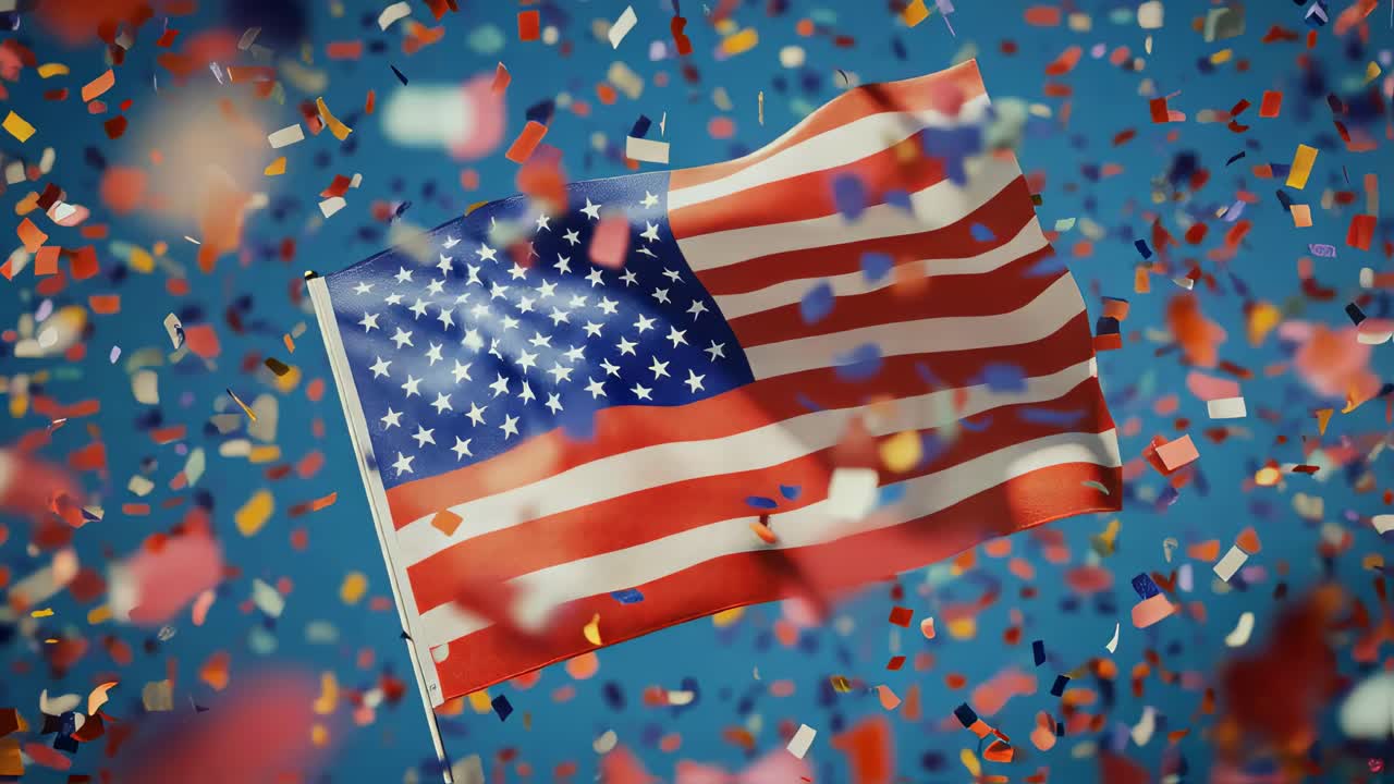 National pride soaring high, american flag waving dynamically with colorful confetti cascading against bright blue sky, celebrating patriotic spirit and national moments