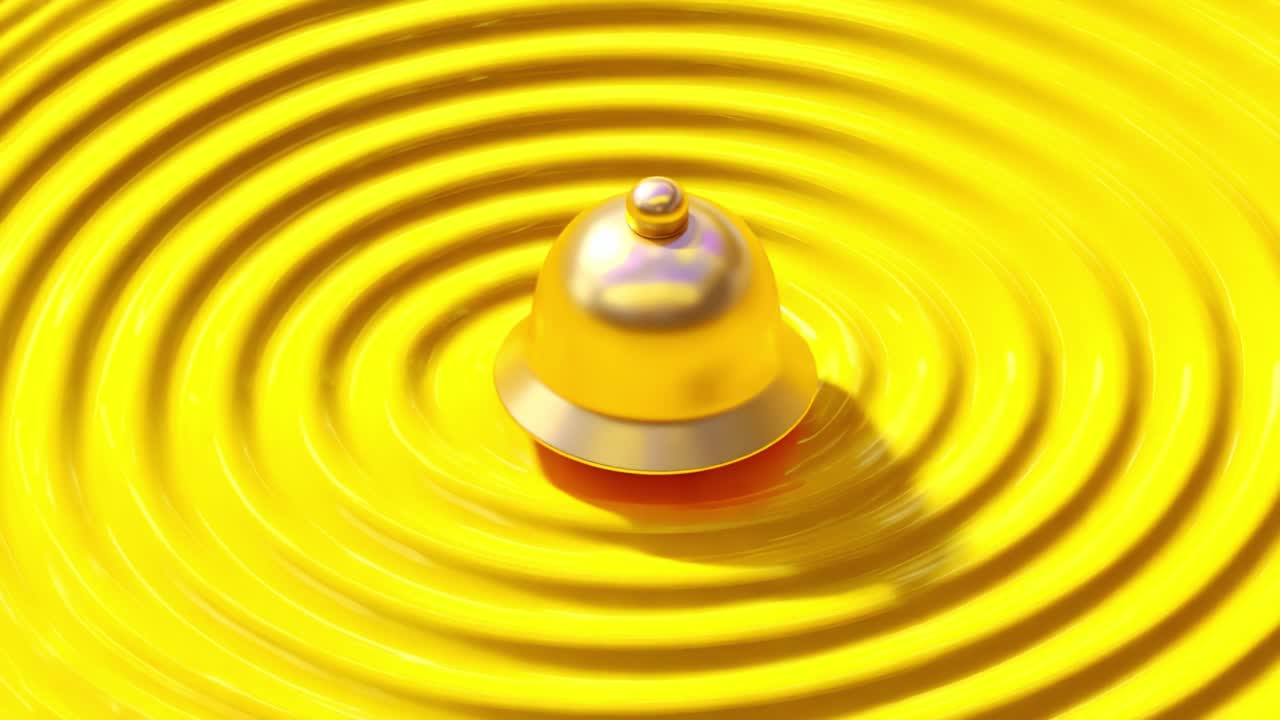 A mesmerizing close-up of a golden bell resting in concentric ripples of vibrant yellow liquid, creating a striking visual of movement and color dynamics in a tranquil setting