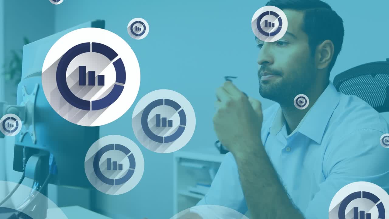 Animation of online statistics icons over caucasian businessman