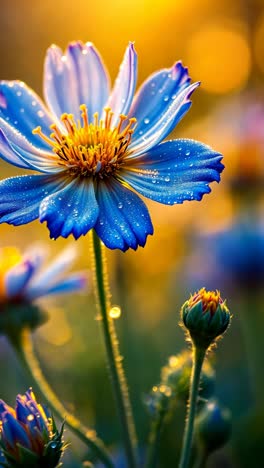 beautiful blue cosmos flower with dew drops