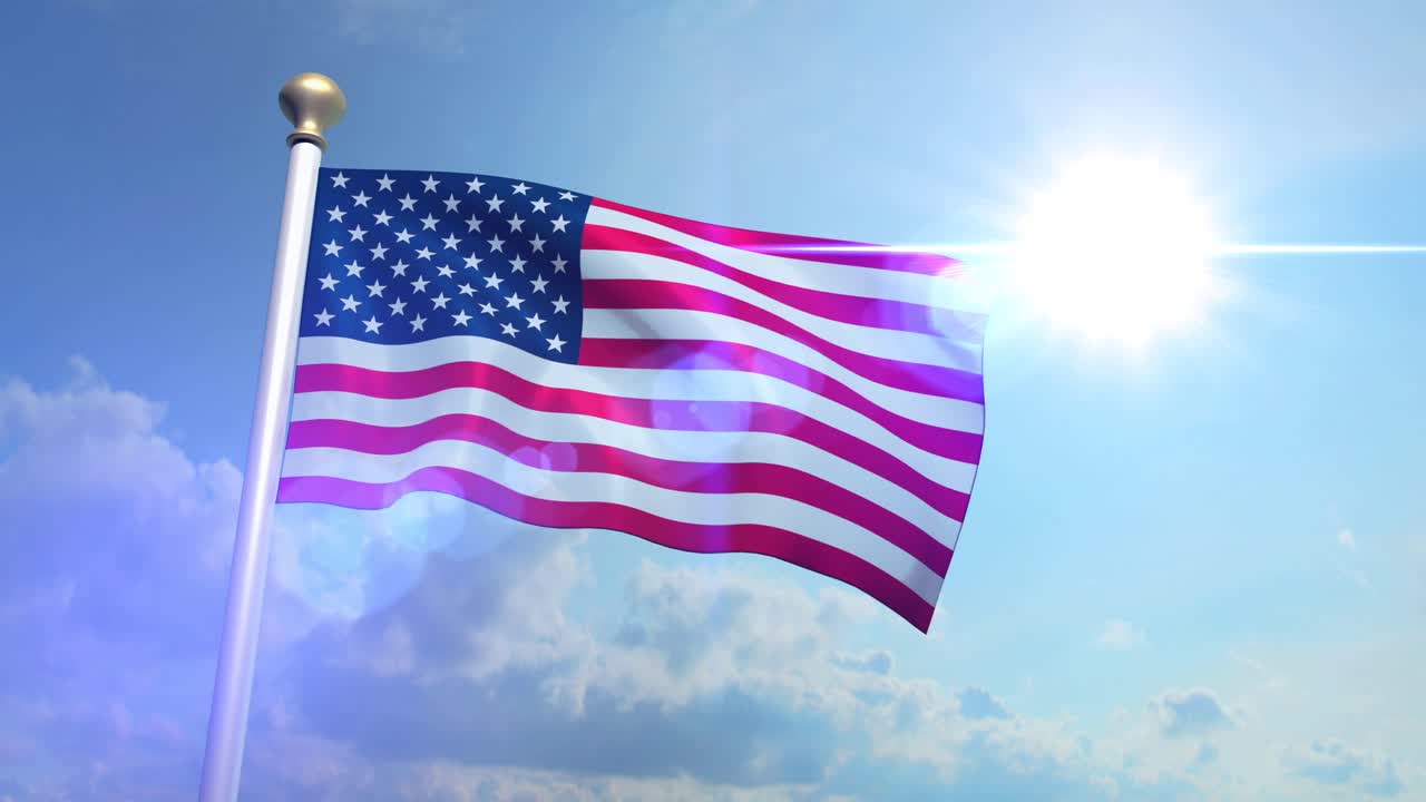 Bandiera americana degli Stati Uniti, piano medio, che sventola contro il cielo blu, bagliore CG 4K