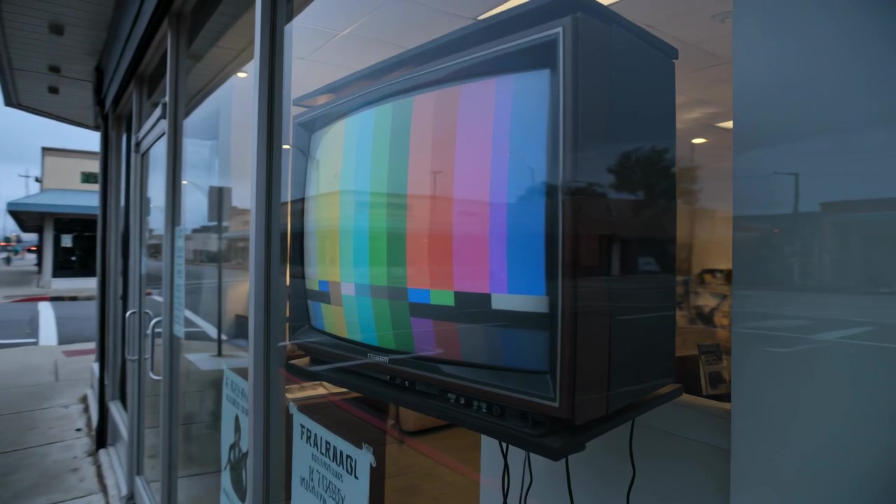Walking camera approaching shop window at dusk to reveal CRT test bars, jacket reflection