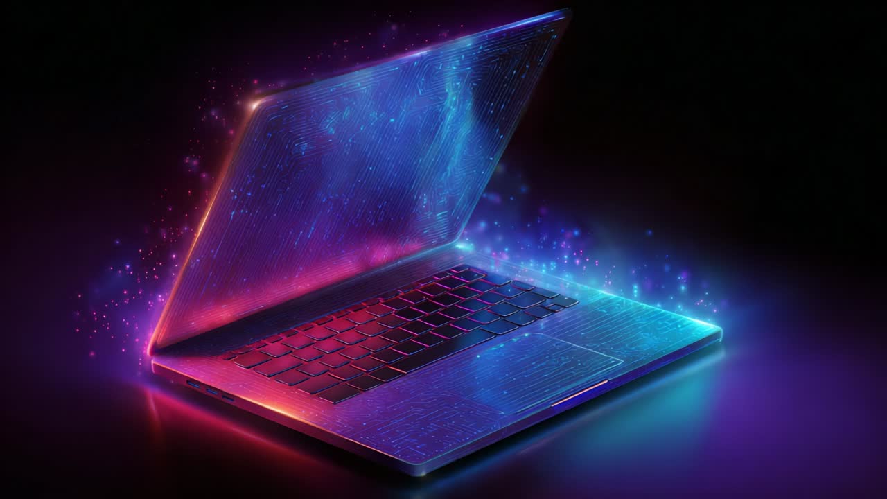 A Stunningly Futuristic Laptop with Vibrant Digital Effects, Illuminating the Essence of Technology and Innovation Against a Dark Background, Showcasing an Ethereal Blend of Colors and Sparkling Particles