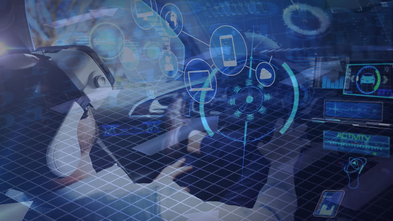 연결된 아이콘과 디스플레이의 애니메이션, 자율주행 자동차를 사용하는 vr 헤드