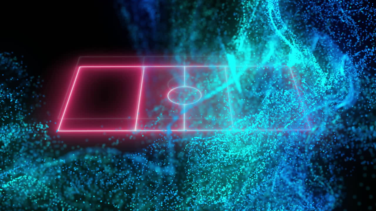 Digital soccer field animation over abstract blue and green particles