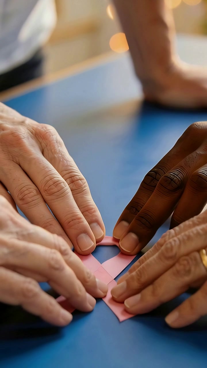 Vertical video: Hands moving to center, two forming pink ribbon for help on blue table
