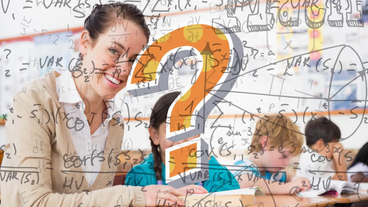 Animation of question mark with mathematical equations over schoolchildren and teacher in classroom