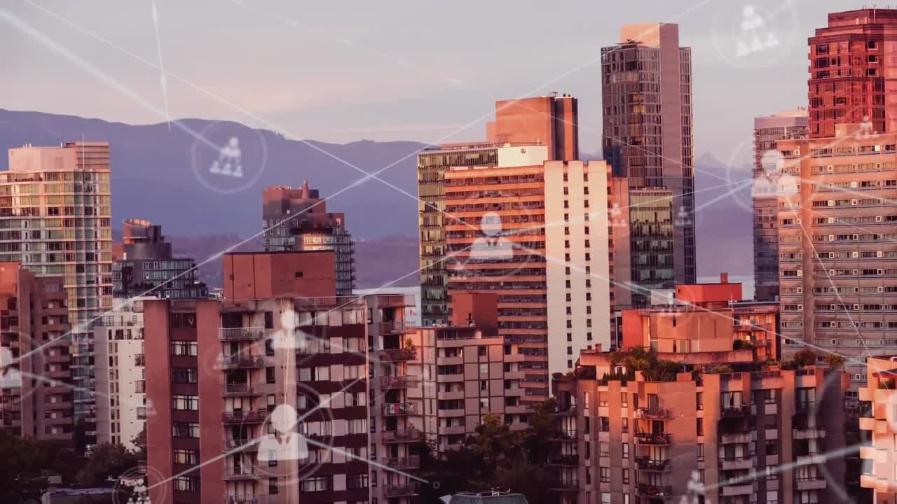 Animação de redes de conexões com ícones sobre paisagem urbana