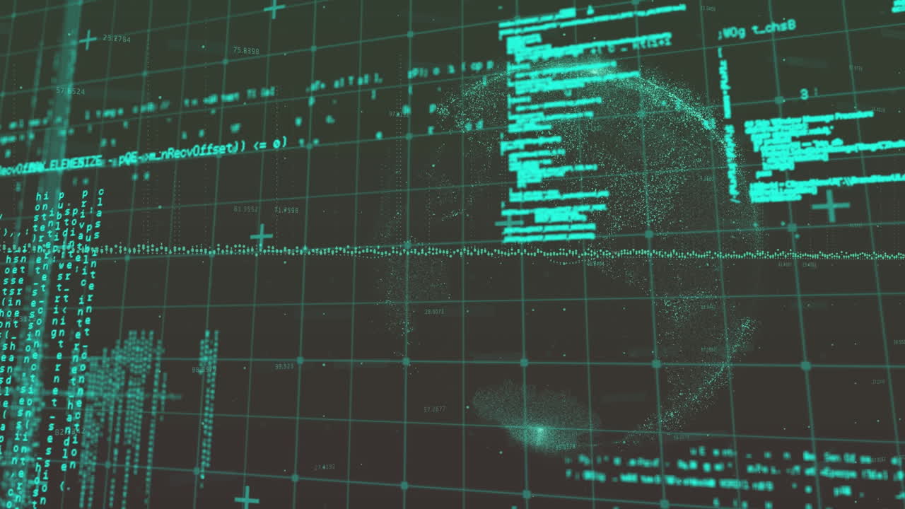 animación de pantalla digital con globo y procesamiento de datos