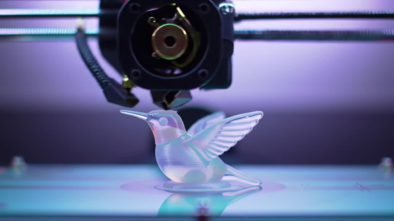 3D Printing Process Showcasing a Delicate Hummingbird Model Under Construction, Capturing the Intricacies of Modern Technology and Artistry